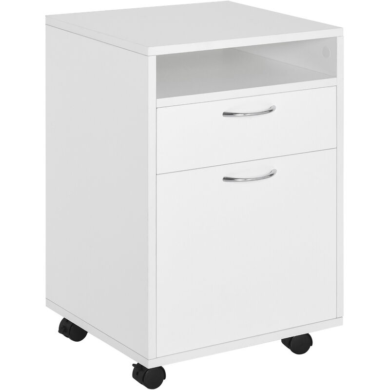 foto del prodotto cassettiera portadocumenti da ufficio in legno con 2 cassetti e ruote bianco 40x35x60 cm