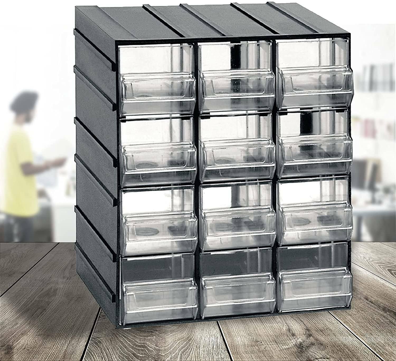 foto del prodotto cassettiera portaminuteria a 12 atanasia, organiser portaoggetti con atanasia trasparenti, 100% made in italy, cm 19x15h23, colore nero