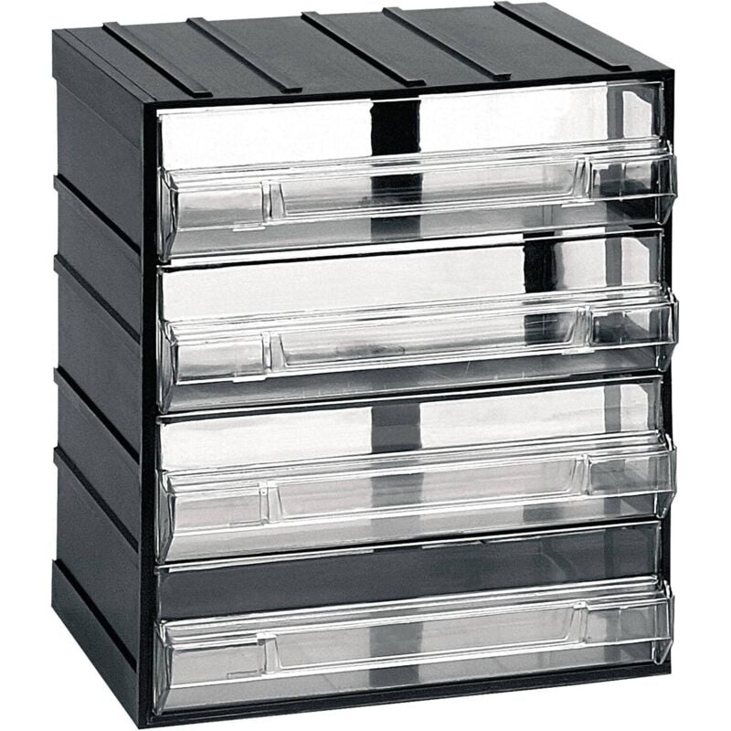 foto del prodotto cassettiera portaminuteria a 4 cassetti, organiser portaoggetti con cassetti trasparenti, 100 made in italy, cm 19x15h23, colore nero, con imballo