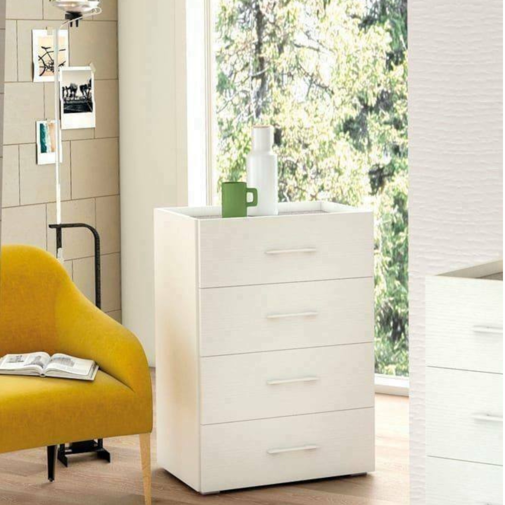 foto del prodotto cassettiera primula, settimanale a 4 cassetti per camera da letto, mobiletto multiuso da ufficio o studio, cm 60x41h87, bianco, con imballo