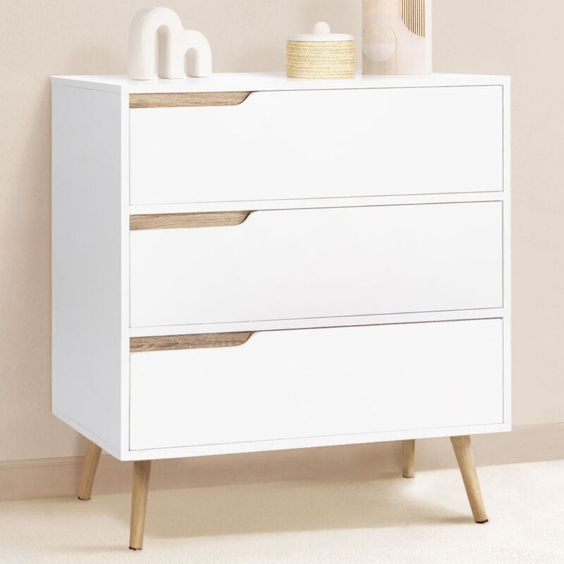 foto del prodotto cassettiera scandinavo a 3 cassetti legno e bianco helsinki
