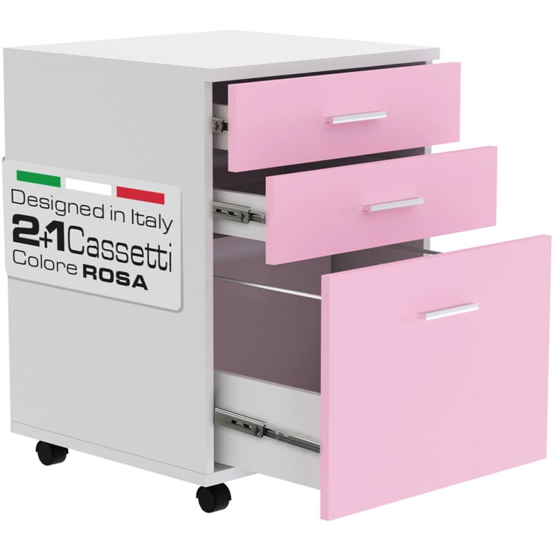 foto del prodotto cassettiera scrivania ufficio legno mdf mobiletto stampante 3 cassetti rosa