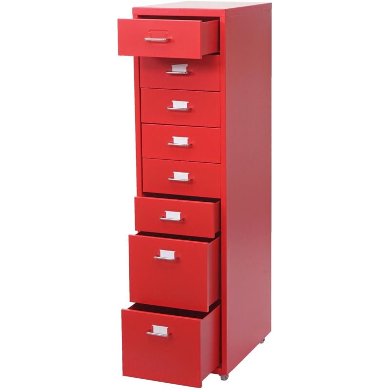 foto del prodotto cassettiera su ruote portaoggetti da ufficio 8 cassetti 110x28x41cm in acciaio rosso 040004356