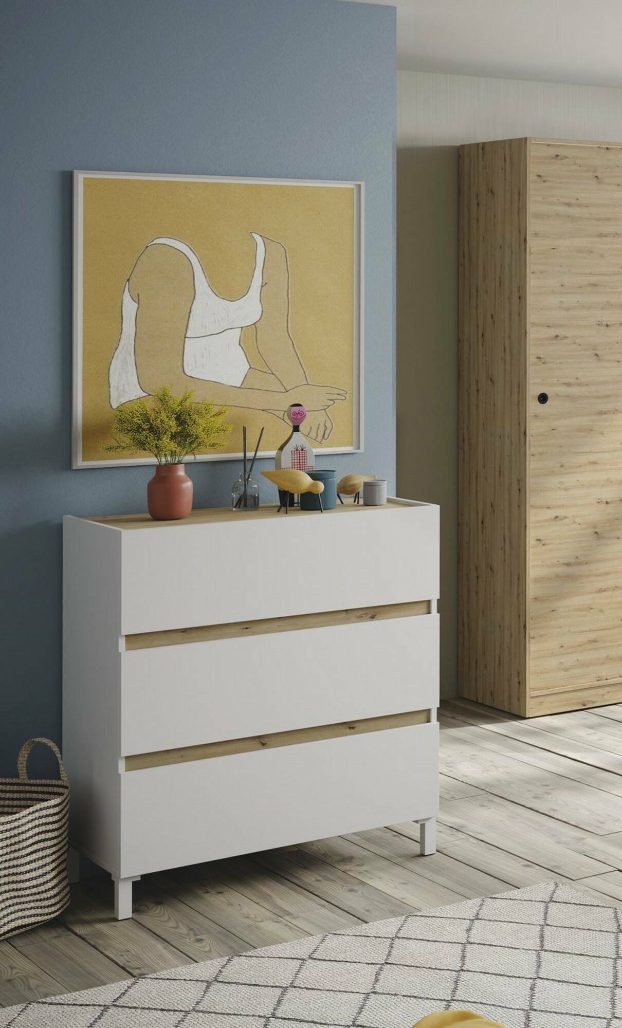 foto del prodotto cassettiera teddy, settimino multiuso, com camera da letto, mobile con cassetti, 79x41 h91 cm, bianco e rovere nodi