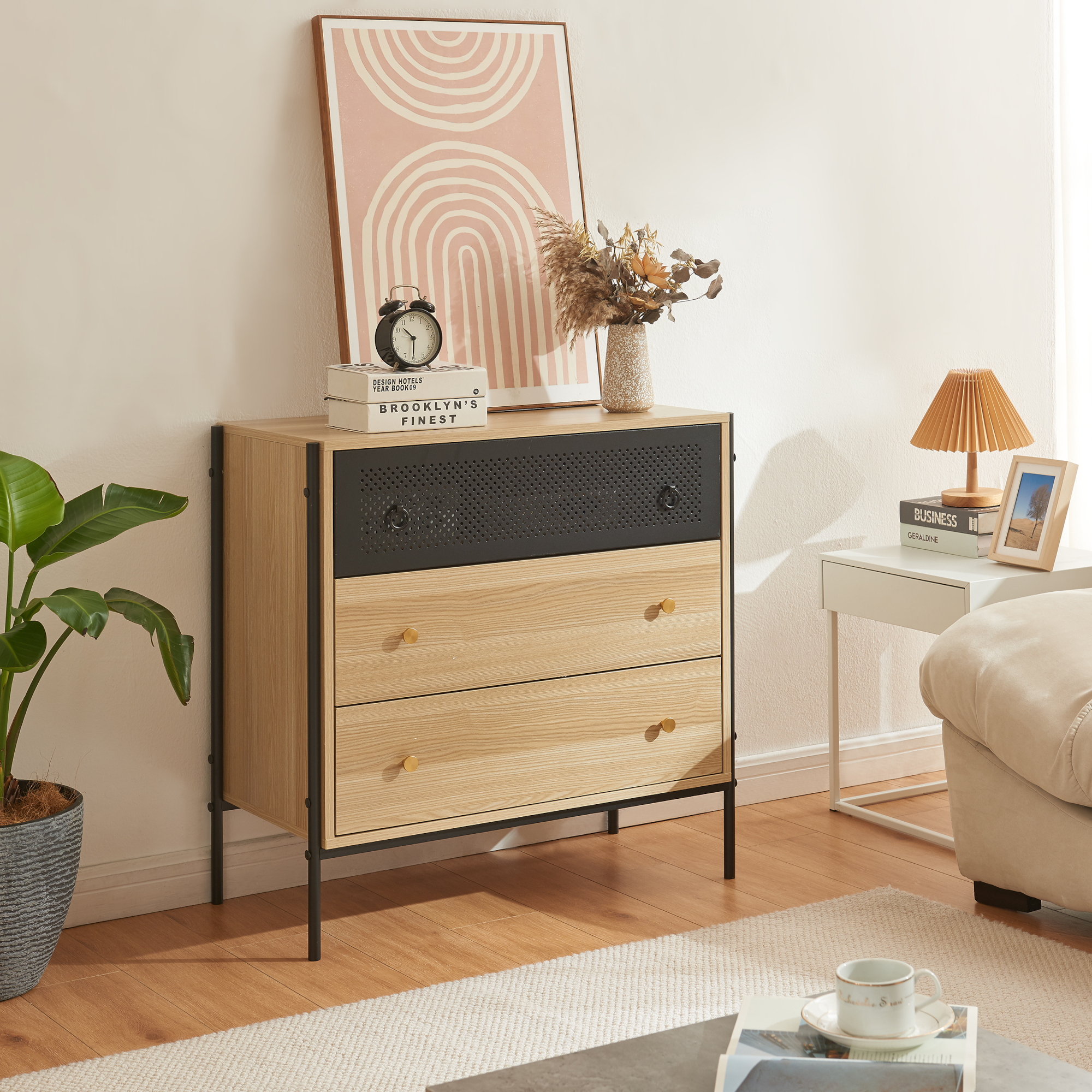 foto del prodotto cassettiera tysnes com con 3 cassetti 80x80x40 cm effetto rovere nero en.casa 