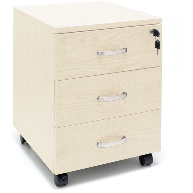 foto del prodotto cassettiera ufficio in legno chiave sicurezza con ruote per scrivania tavolo 3 cassetti ripiani beige marvin