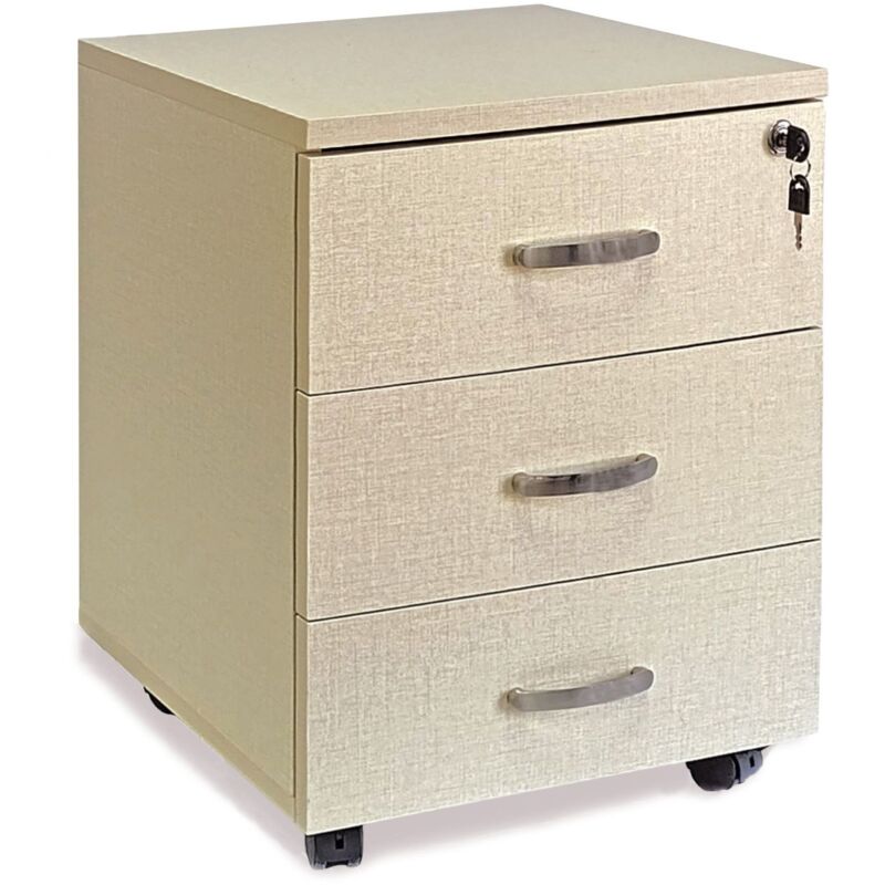 foto del prodotto cassettiera ufficio in legno chiave sicurezza con ruote per scrivania tavolo 3 cassetti ripiani beige tramato marvin