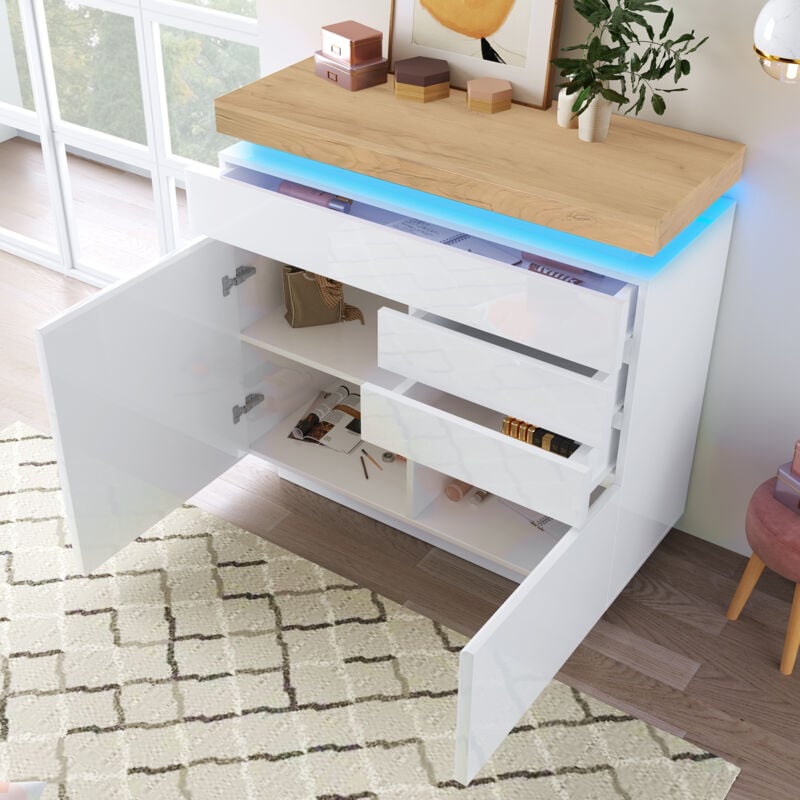 foto del prodotto cassettiere 115x110x39cm con 3 cassetti e 2 ante, credenza, mobile contenitore con led, mobiletto multiuso, bianco