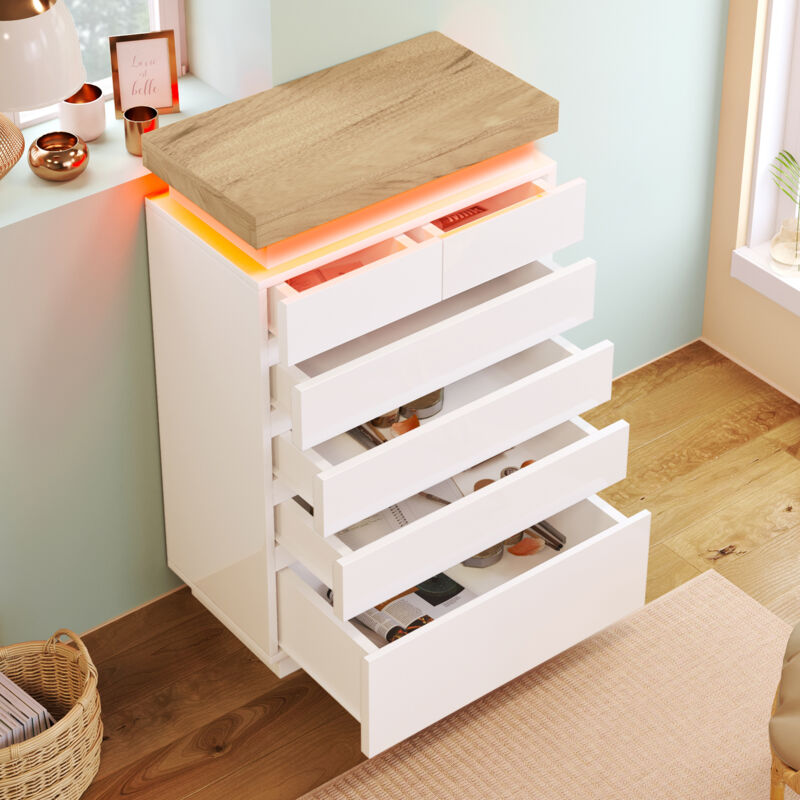 foto del prodotto cassettiere 115x73x39cm con 6 cassetti, credenza, mobile contenitore multifunzionale, led, pannello di particelle, bianco