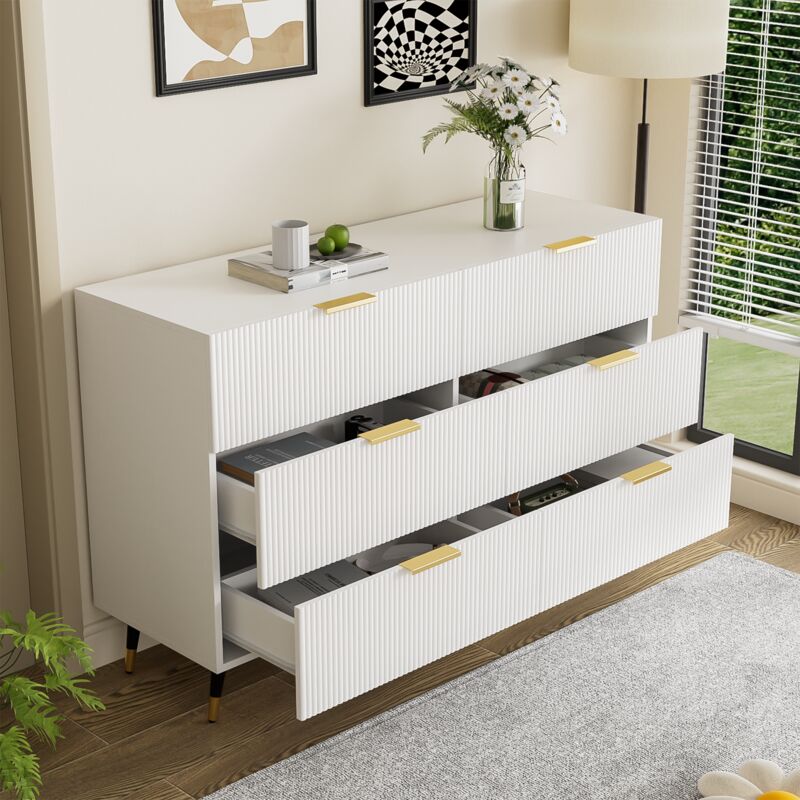 foto del prodotto cassettiere 120x40x77cm con 6 cassetti, credenza, comodino, toletta, mobile contenitore, maniglie dorate, truciolato, bianco