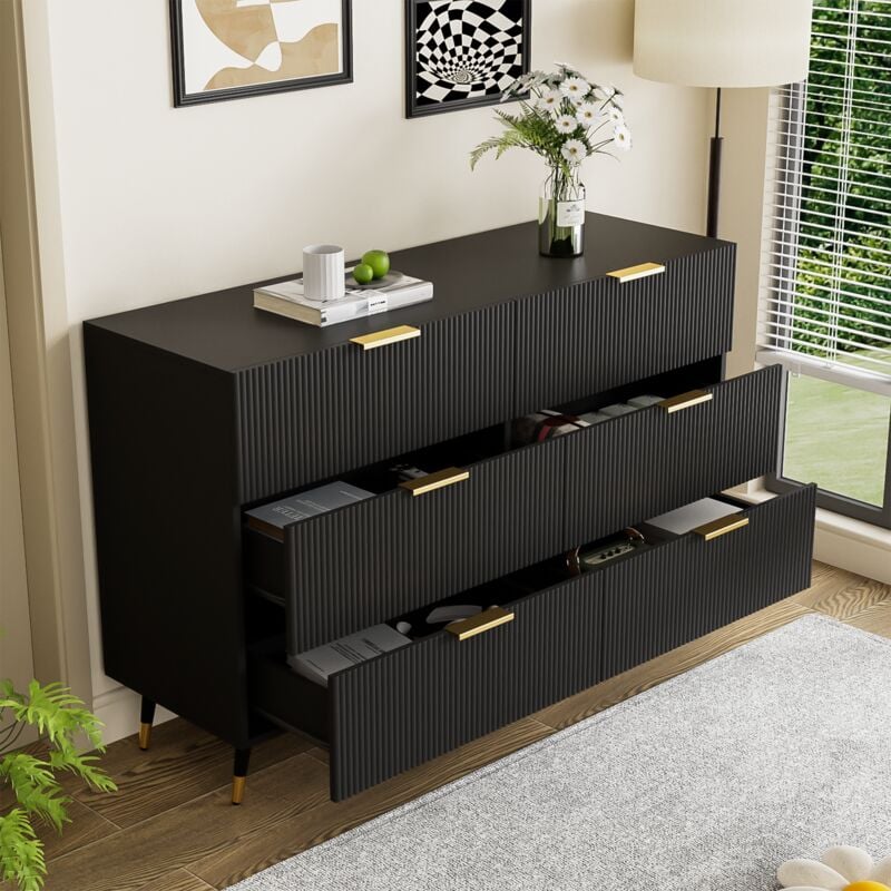 foto del prodotto cassettiere 120x40x77cm con 6 cassetti, credenza, comodino, toletta, mobile contenitore, maniglie dorate, truciolato, nero