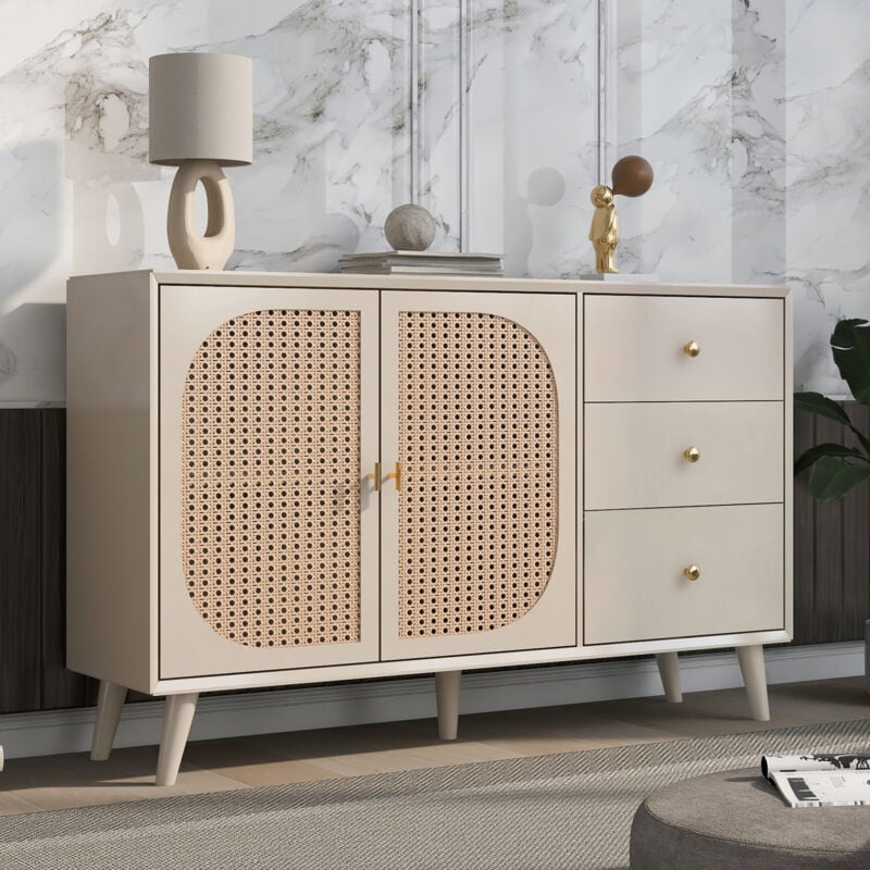 foto del prodotto cassettiere 120x40x82,5cm con 3 cassetti e 2 ante, credenza, mobiletto portaoggetti, comodino, design rattan, pannello di particelle, bianco sporco