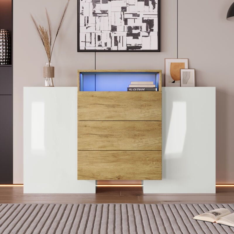 foto del prodotto cassettiere 140x30x77,5cm con 3 cassetti e 2 ante, credenza, mobile contenitore, moderna, led, mdf, bianco e legno