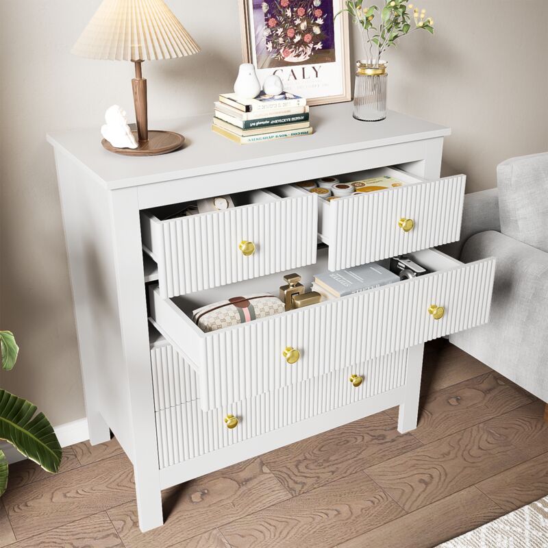 foto del prodotto cassettiere, 5 cassetti, buffet, comodino, toeletta, mobile da stoccaggio, 79x.5x80.5cm, bianco