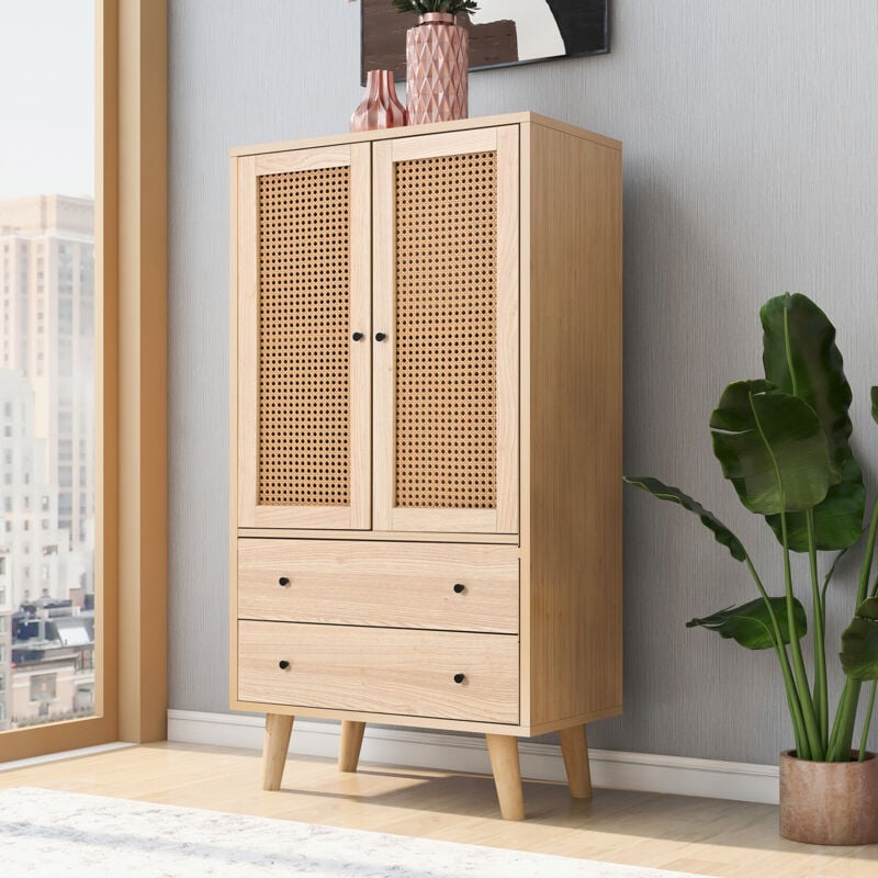 foto del prodotto cassettiere 60x40x120 cm con 2 cassetti e 2 ante, credenza, mobile contenitore in truciolare, colore rovere