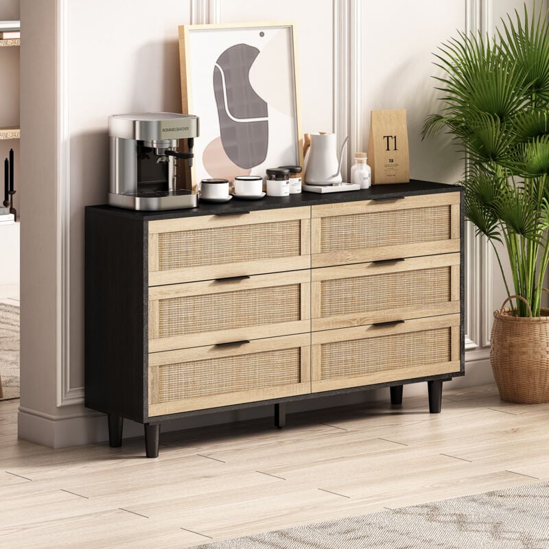 foto del prodotto cassettiere con 6 cassetti, credenza, mobile contenitore, design rattan 130x40x75cm, nero e naturale