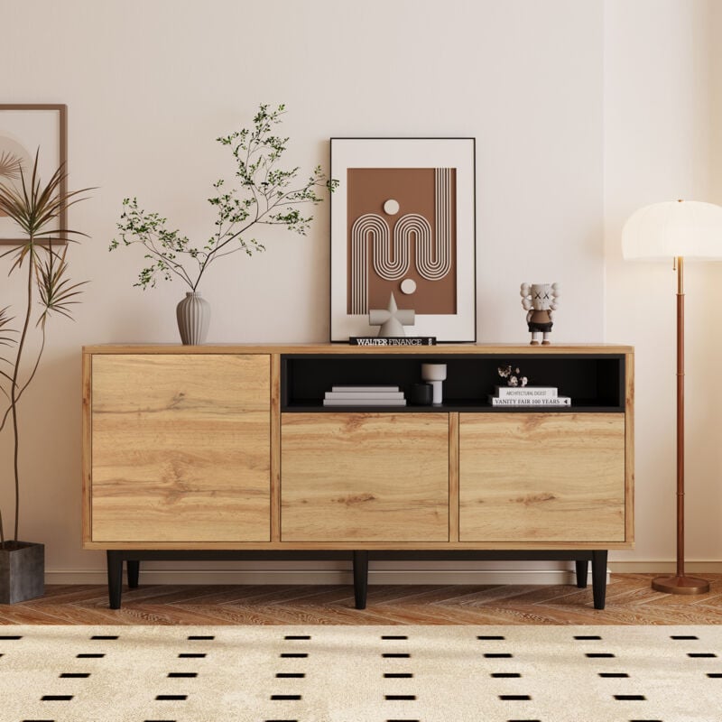 foto del prodotto cassettiere moderna con cassetti 160 x 35 x 76 cm con 3 ante e ripiani portaoggetti in mdf, naturale