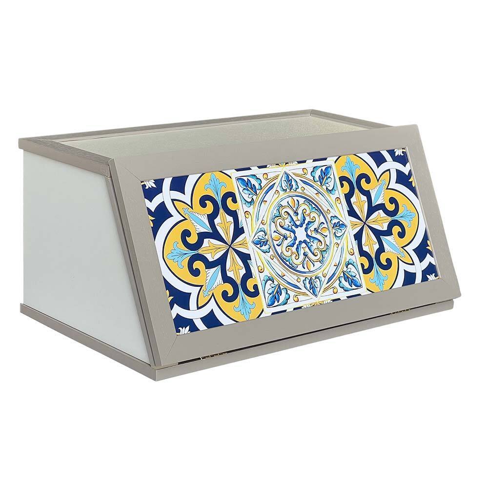 foto del prodotto cassetto contenitore legno tortora con decori portapane