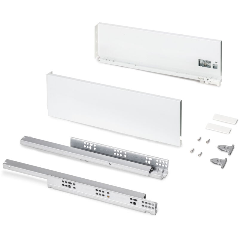 foto del prodotto cassetto esterno protone 30kg, guide di estrazione totale con una chiusura soft, altezza 131mm, profondit 450mm, acciaio, verniciato bianco emuca