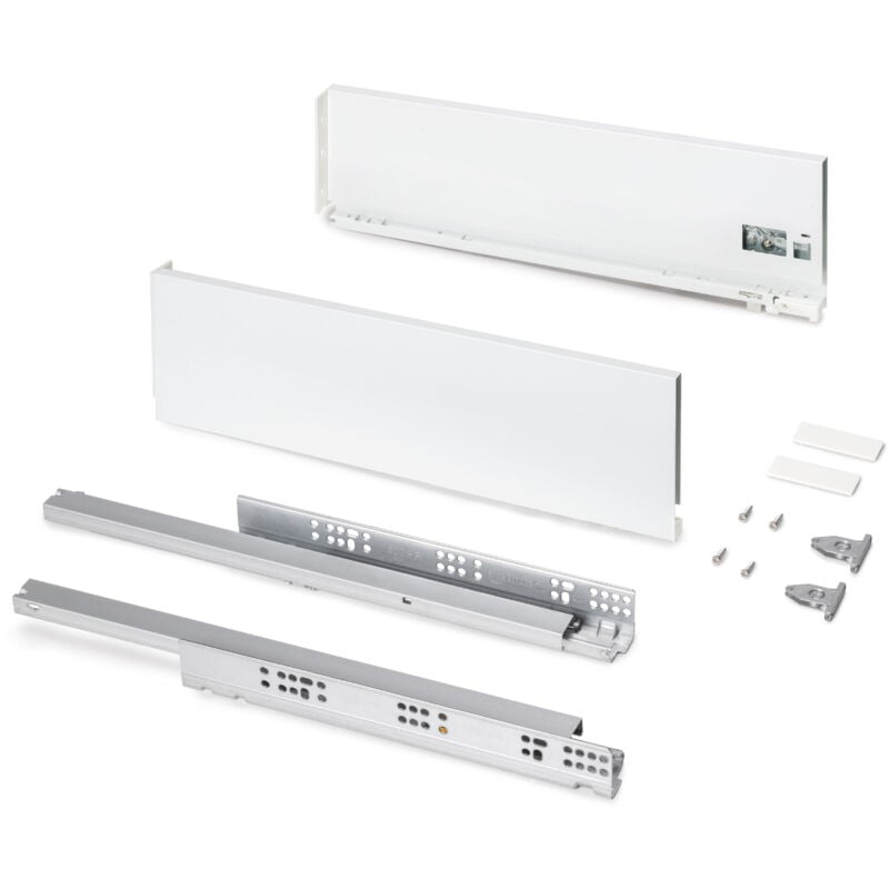 foto del prodotto cassetto esterno protone 30kg, guide di estrazione totale con una chiusura soft, altezza 131mm, profondit 500mm, acciaio, verniciato bianco emuca