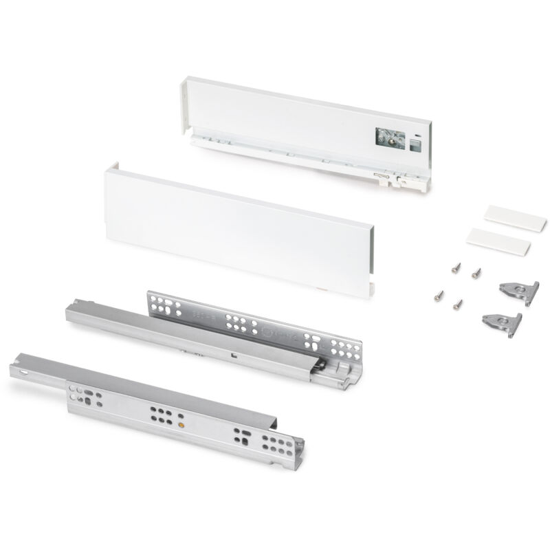 foto del prodotto cassetto esterno protone 30kg, guide di estrazione totale con una chiusura soft, altezza 93mm, profondit 350mm, acciaio, verniciato bianco emuca