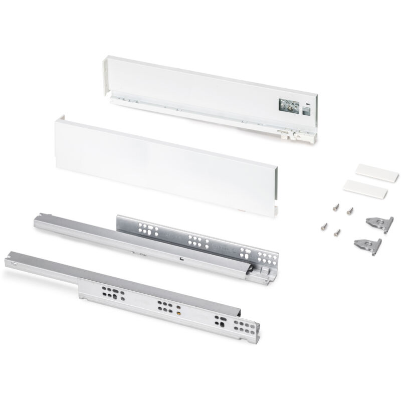 foto del prodotto cassetto esterno protone 30kg, guide di estrazione totale con una chiusura soft, altezza 93mm, profondit 450mm, acciaio, verniciato bianco emuca