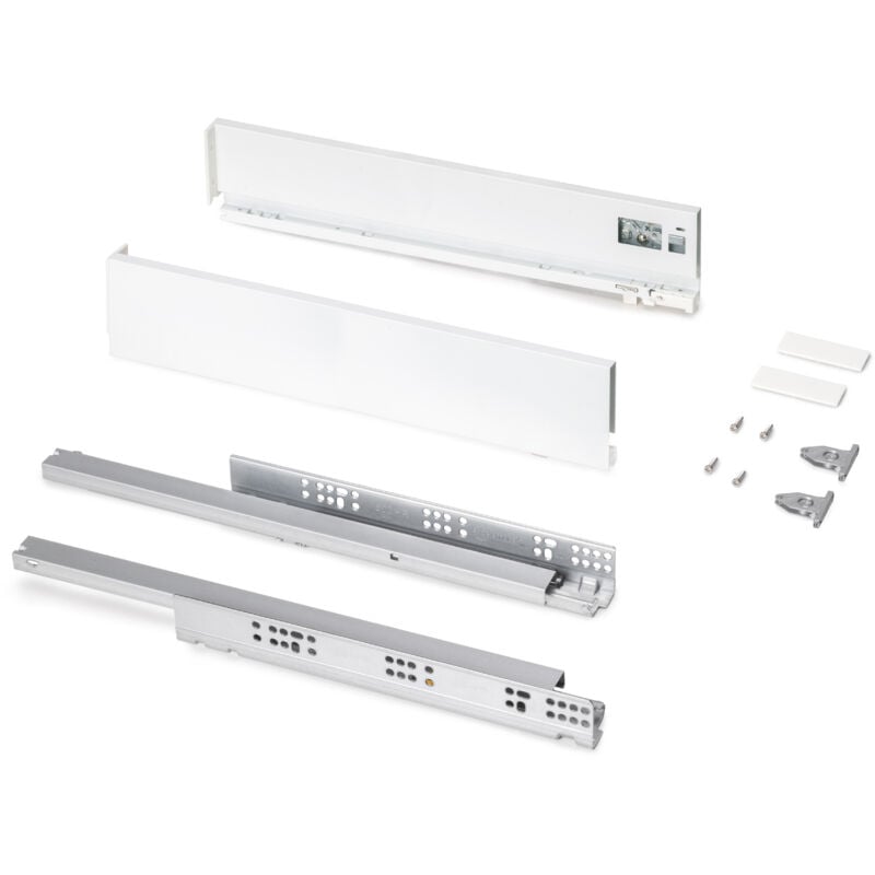 foto del prodotto cassetto esterno protone 30kg, guide di estrazione totale con una chiusura soft, altezza 93mm, profondit 500mm, acciaio, verniciato bianco emuca