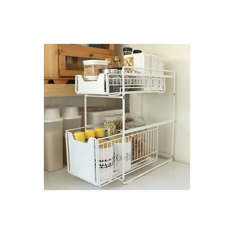foto del prodotto cassetto portaoggetti a 2 livelli - cassetto portaoggetti scorrevole in metallo - per bancone da cucina, dispensa, bagno, cassetto organizer