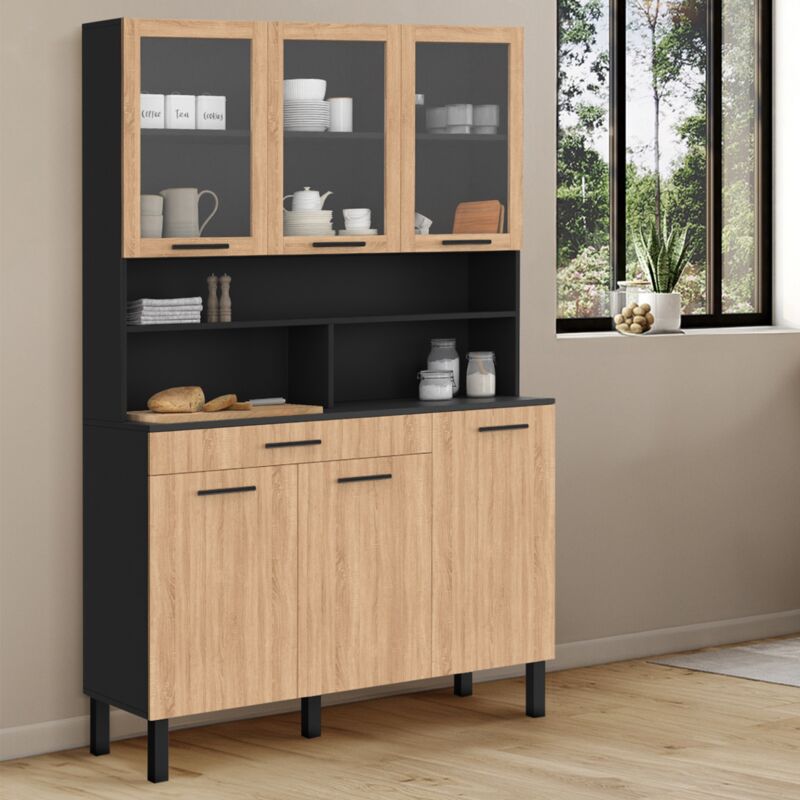 foto del prodotto cassettone da cucina in vetro cina 120 cm con 6 ante cassetto, nero e faggio