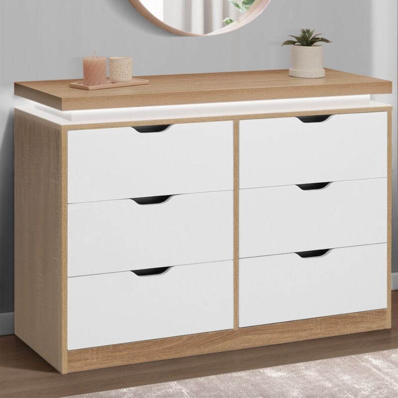 foto del prodotto cassettone luna a 6 cassetti con led 115 cm bianco e piano effetto legno
