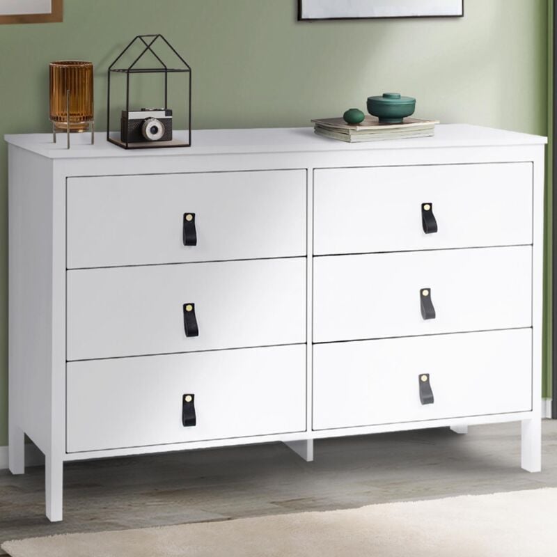 foto del prodotto cassettone milano a 6 cassetti da 115 cm in legno bianco con maniglia estraibile nera