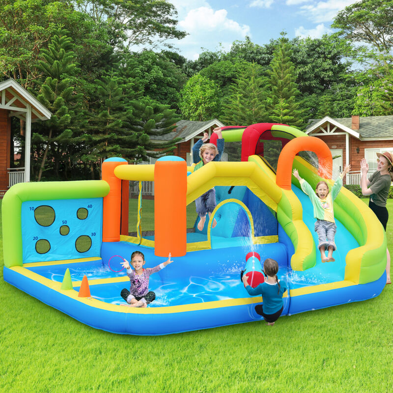 foto del prodotto castello gonfiabile per bambini 410x315x203cm, scivolo trampolino piscina, con soffiatore, multifunzionale, tessuto oxford, multicolore