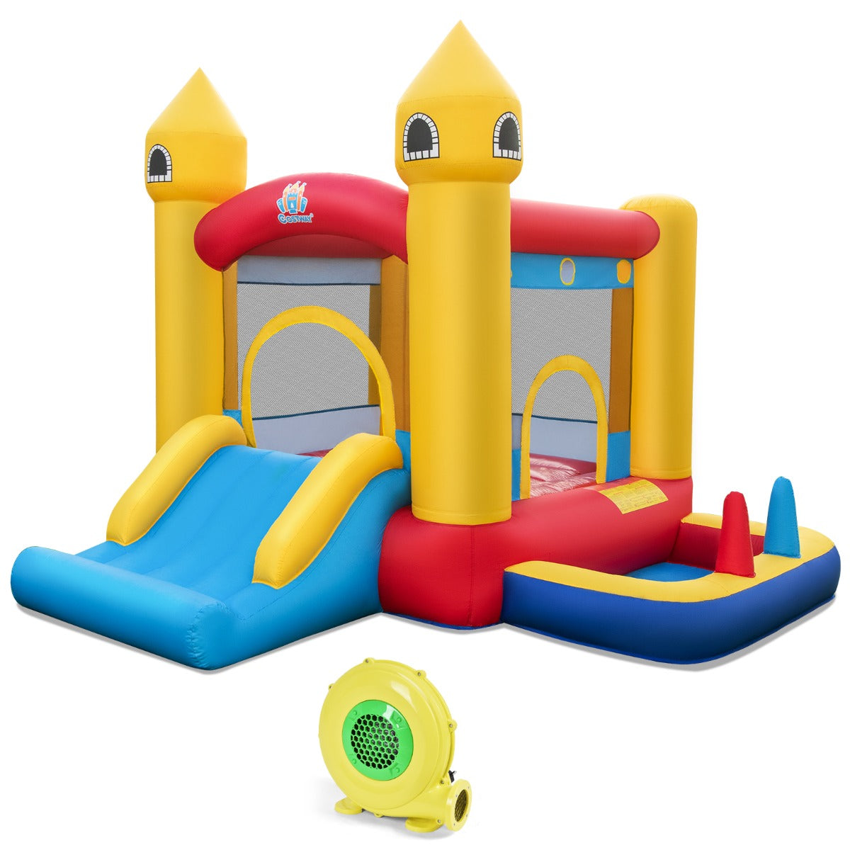foto del prodotto castello gonfiabile per bambini 6 in 1 con ventilatore da 480 watt casa gonfiabile in tessuto oxford con piscina di palline canestro da basket scivolo 50 palline per giardino dai 3 20 anni 0008267