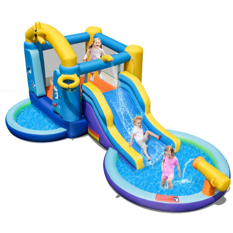 foto del prodotto castello gonfiabile sull oceano 6 in 1 con ventilatore, scivolo acquatico da 680 watt e 2 piscine, casa gonfiabile, carico 90 kg 200005718