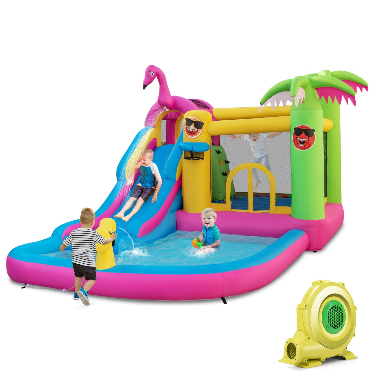 foto del prodotto castello gonfiabile tropicale 6 in 1 con scivolo gonfiabile casa gonfiabile con ventola da 680 w 50 palline oceaniche carico 135 kg per bambini da 3 a 10 anni 20 0005733