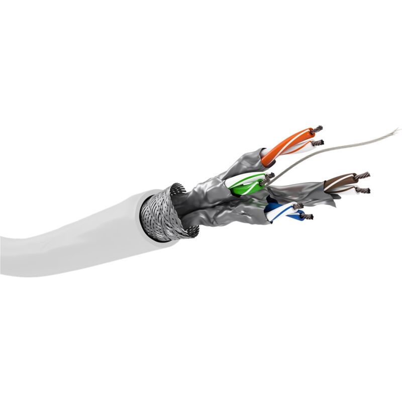 foto del prodotto cat 6 cavo di rete matassa, s ftp pimf , bianco, miscela di rame cca per applicazioni soho, awg 26 7 stranded , pvc. lunghezza del cavo 100 m