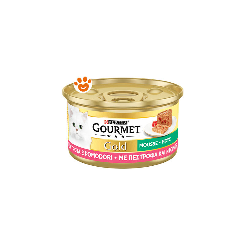foto del prodotto cat gourmet gold mousse con trota e deliziosi pomodori cat gourmet gold mousse con trota e deliziosi pomodori lattina da 85 gr purina