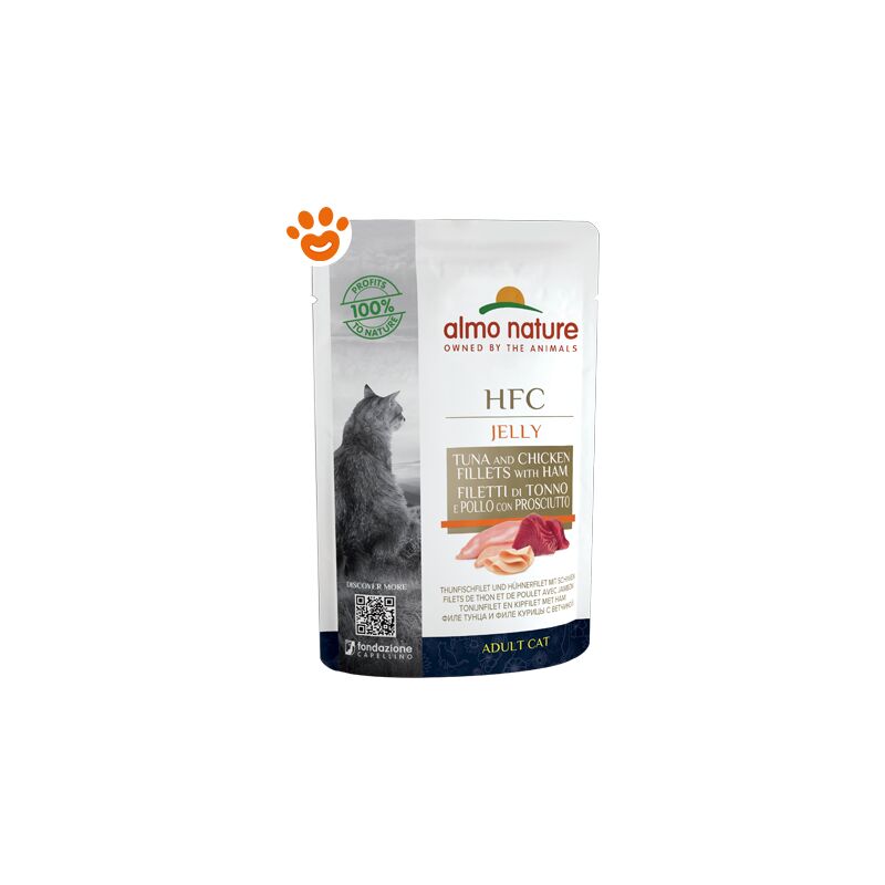 foto del prodotto cat hfc jelly tonno, pollo e prosciutto cat hfc jelly tonno, pollo e prosciutto confezione da 55 gr almo nature