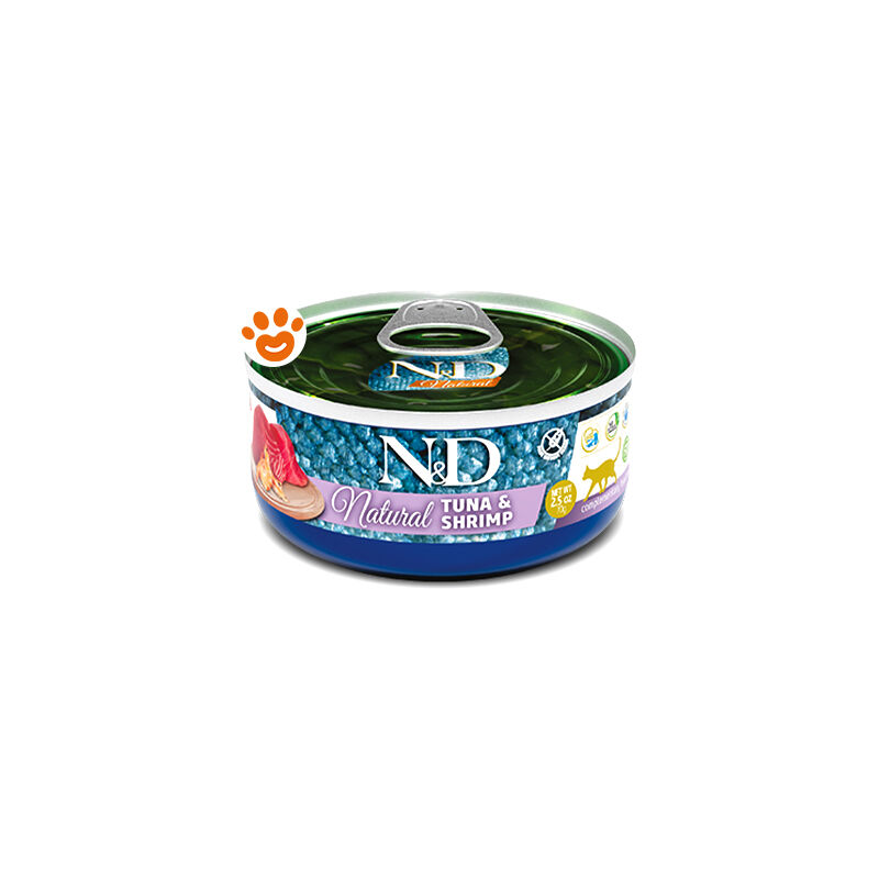 foto del prodotto cat n d natural con tonno e gamberetti cat n d natural con tonno e gamberetti lattina da 140 gr farmina