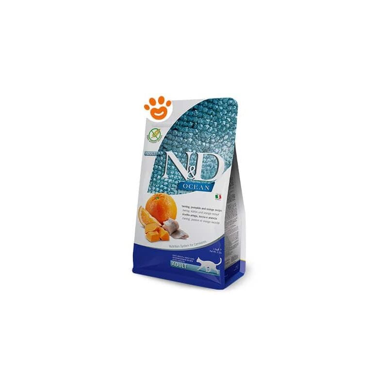 foto del prodotto cat n d ocean pumpkin adult aringa, zucca e arancia cat n d ocean pumpkin adult aringa, zucca e arancia sacco da 5 kg farmina