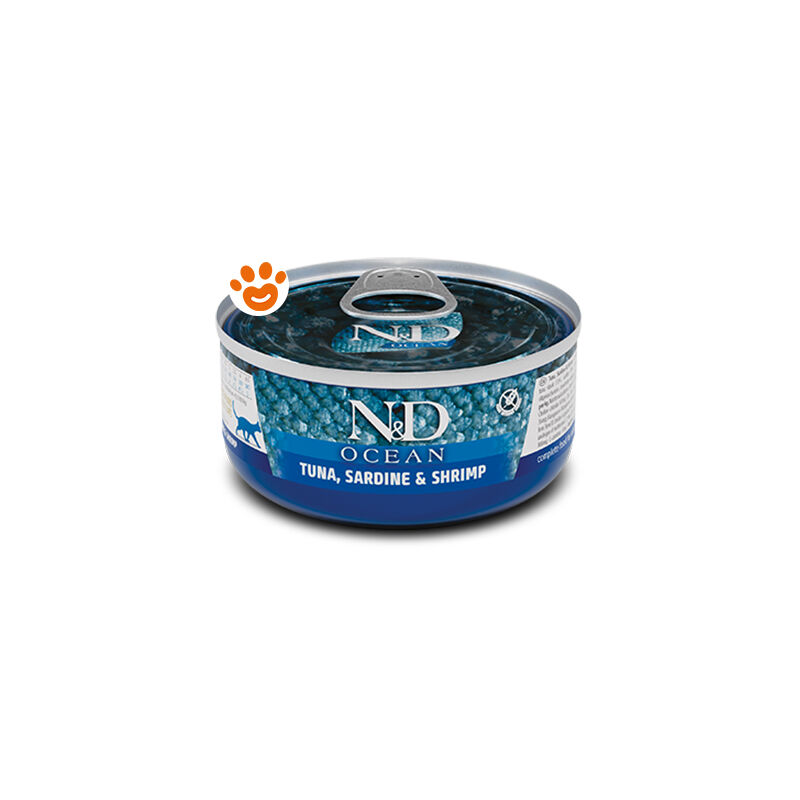 foto del prodotto cat n d ocean tonno sardine e gamberetto cat n d ocean tonno sardine e gamberetto lattina da 70 gr farmina