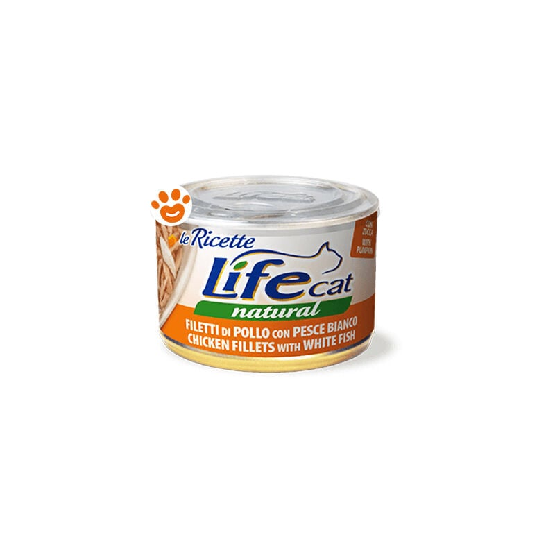 foto del prodotto cat natural le ricette filetti di pollo con pesce bianco cat natural le ricette filetti di pollo con pesce bianco lattina da 150 gr life