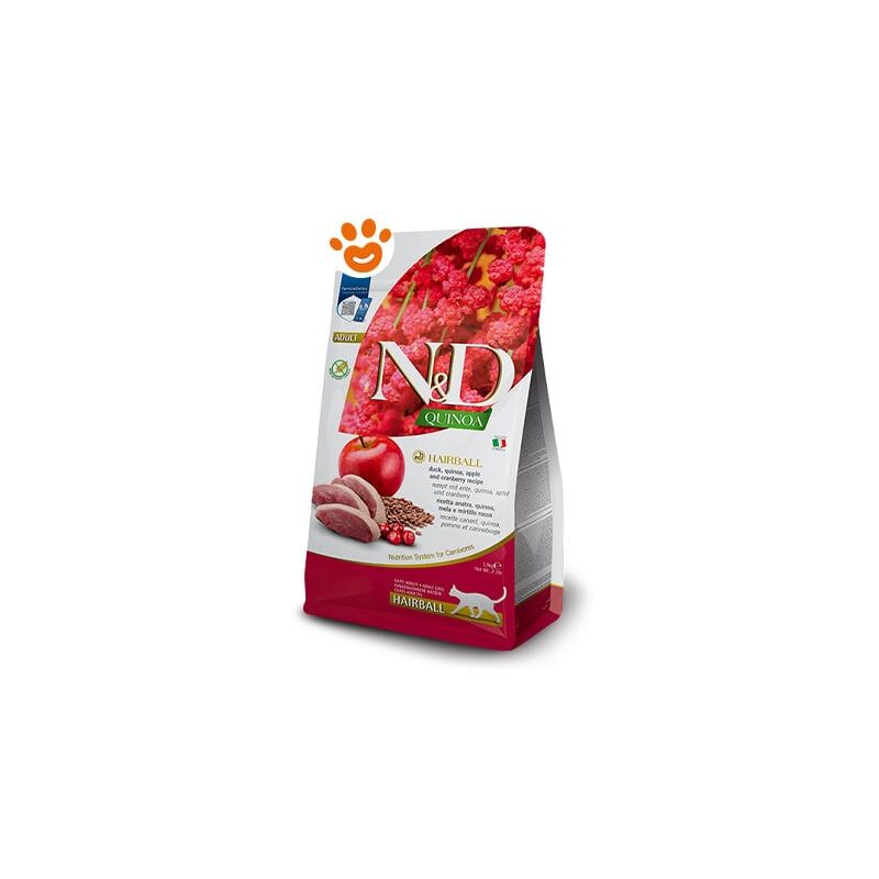 foto del prodotto cat quinoa hairball anatra e mirtillo rosso cat quinoa hairball anatra e mirtillo rosso sacco da 1,5 kg farmina