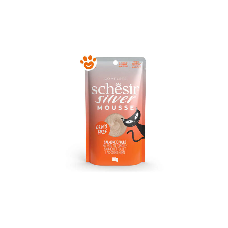 foto del prodotto cat senior silver mousse di salmone con pollo cat senior silver mousse di salmone con pollo bustina da 80 gr schesir