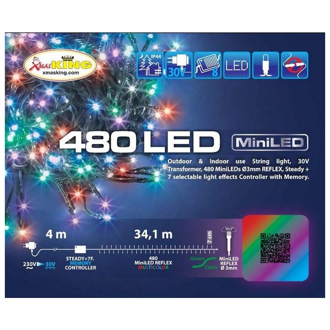 foto del prodotto catena 34,1 m, 480 miniled multicolor plus, colori rosso, porpora, verde, blu , cavo verde, con controller 8 giochi catena natalizia, luci colorate, decorazione luminosa