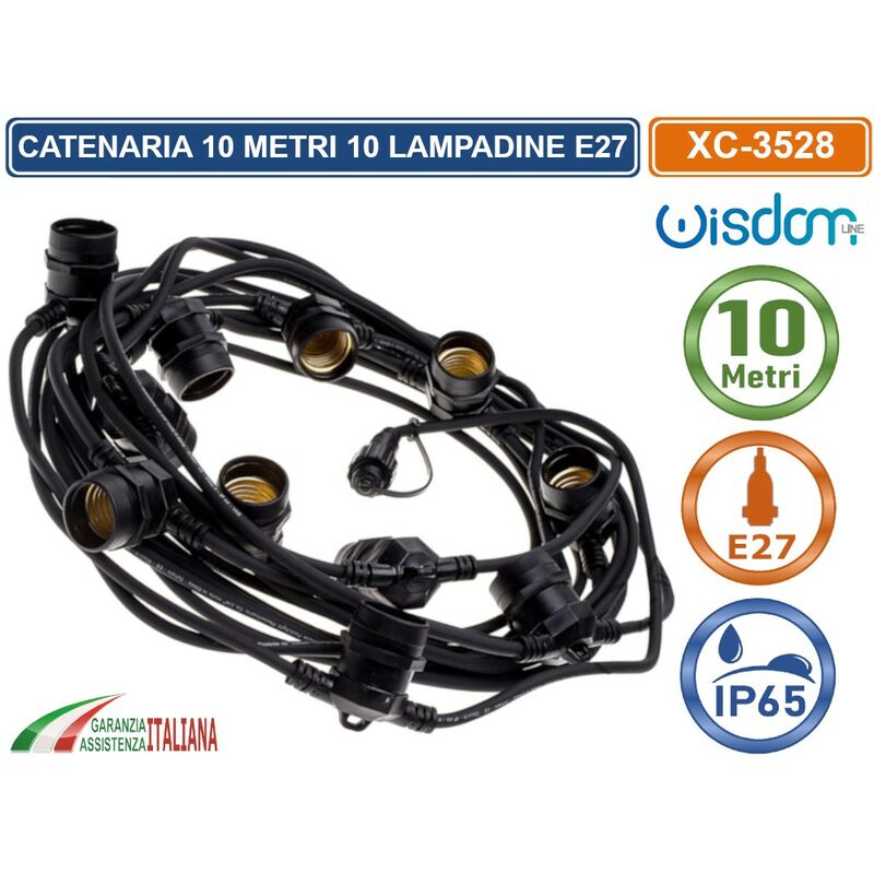 foto del prodotto catena catenaria luminosa 10 metri nera per 10 lampadine led e27 da esterno ip65