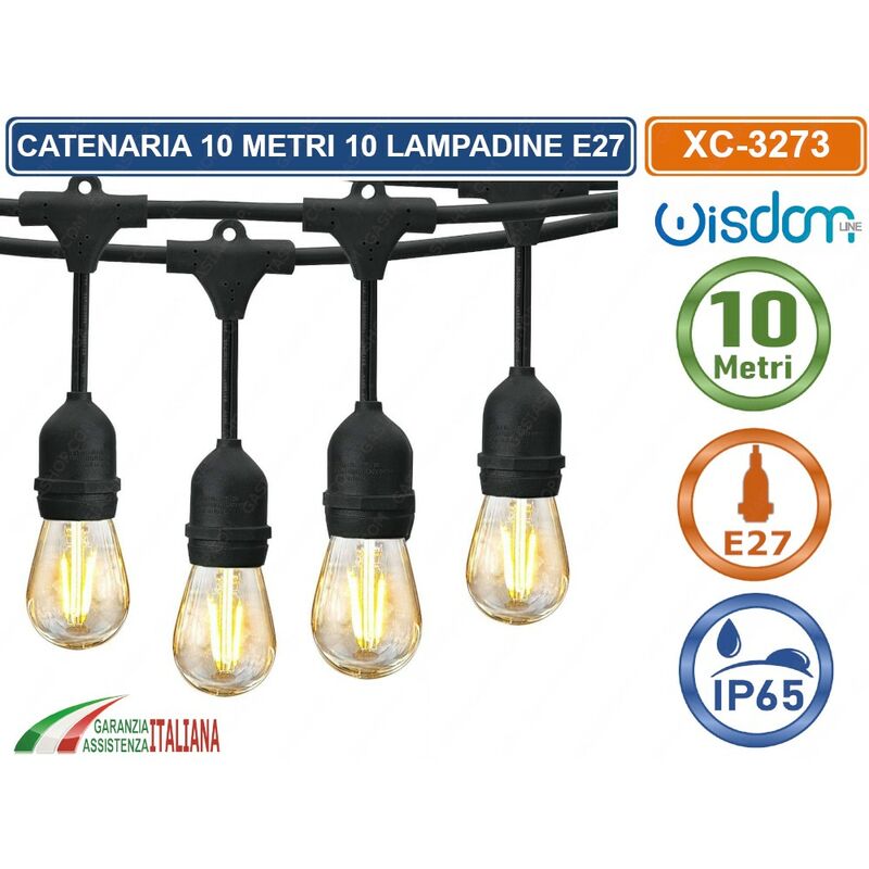 foto del prodotto catena catenaria luminosa 10 metri nera per 10 lampadine led e27 da esterno ip65 pendente