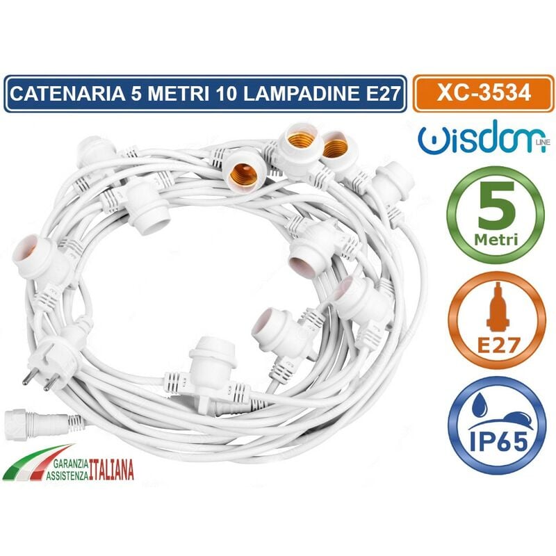 foto del prodotto catena catenaria luminosa 5 metri bianca per 10 lampadine led e27 per esterno ip65