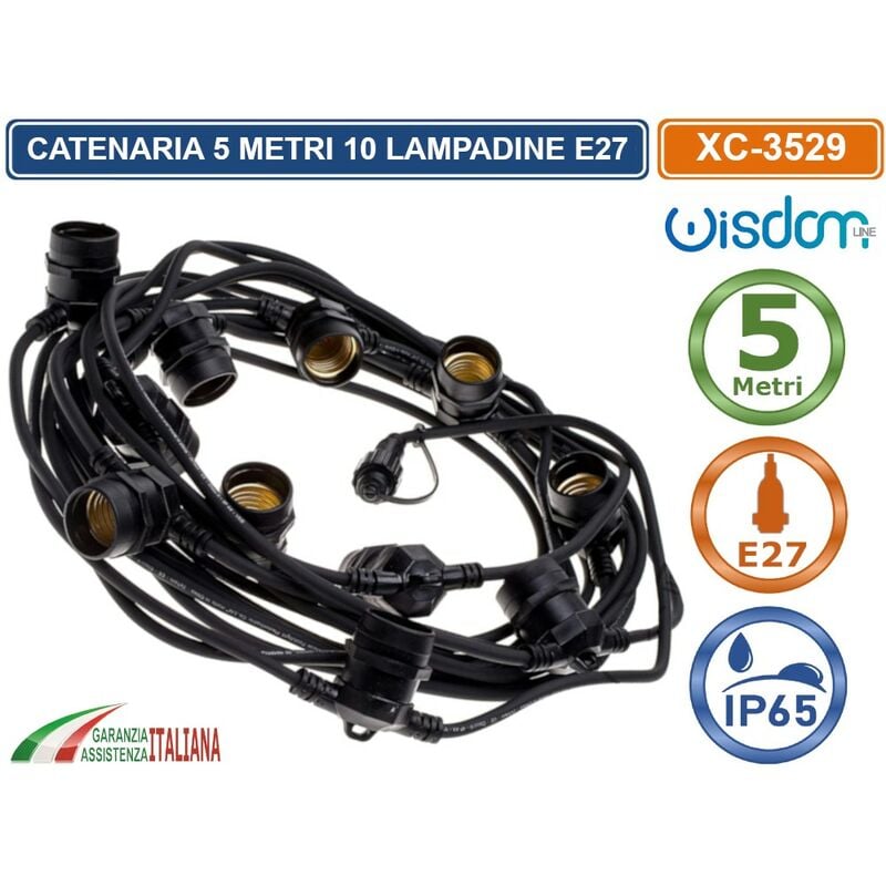 foto del prodotto catena catenaria luminosa 5 metri nera per 10 lampadine led e27 per esterno ip65