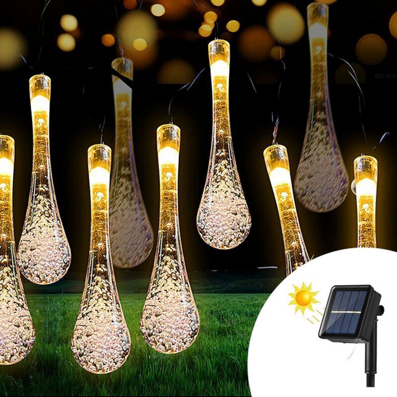 foto del prodotto catena decorata con 50 gocce a led bianco caldo 5 metri con pannello solare wisdom